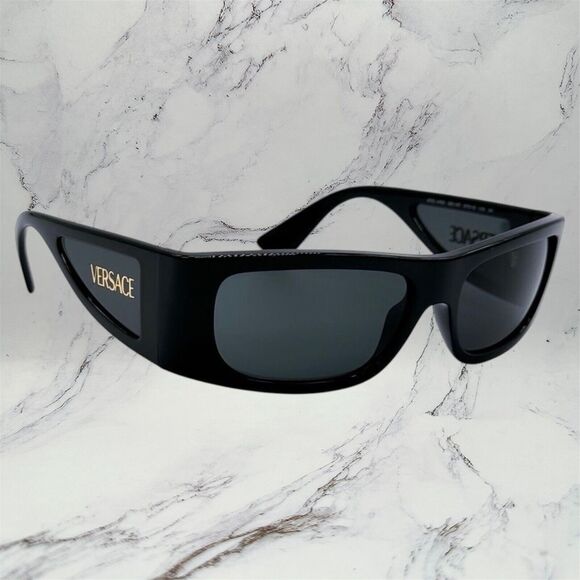 VERSACE Sunglasses New Black Square Wrap Shield Mask Acetate Gold Letter Logo - Picture 12 of 12